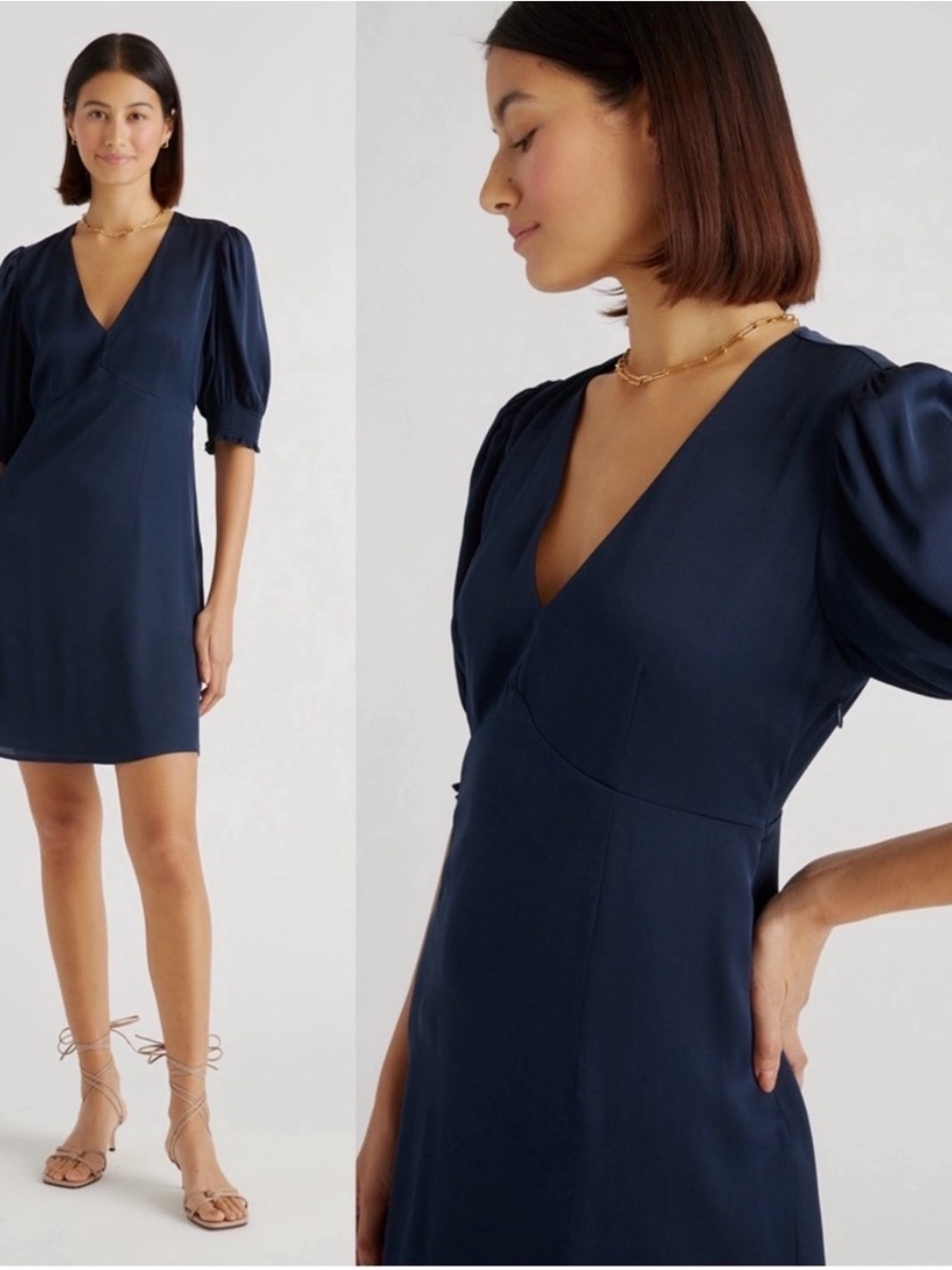Quince Washable Stretch Silk Puff Sleeve Mini Dress Navy